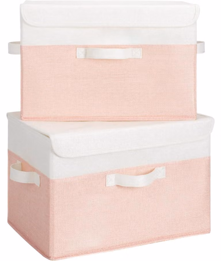 Scatole portaoggetti in tessuto con coperchio, 2 pezzi, pieghevoli, bianco e rosa, 40x26x25,5 cm