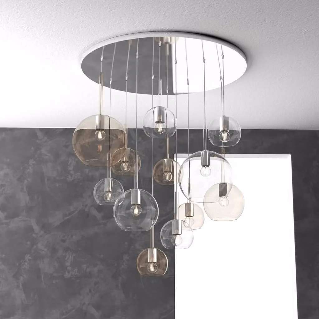 Lampadario Sospeso Contemporaneo Future in Metallo Cromo e Vetro Trasparente Ambra con 12 Luci E27 – 2
