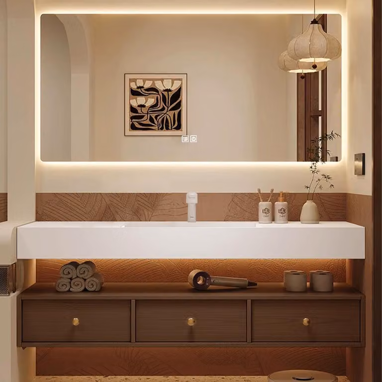 Elegante set da bagno – Lavabo in pietra sinterizzata bianca con mobile marrone, specchio antiappannamento a LED e 3 ampi cassetti 100×55 cm【YTC805-100】