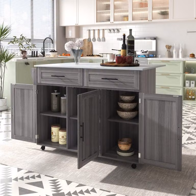 Isola da cucina – mobile, bianca, con piano pieghevole, due cassetti e quattro ripiani