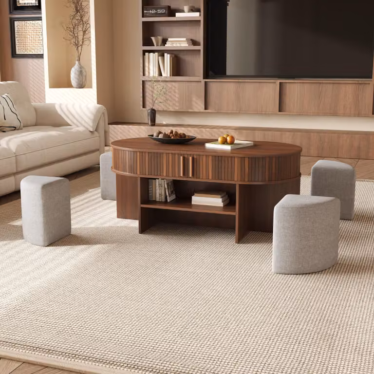 Set di tavolino ovale Merax con 4 poggiapiedi imbottiti, tavolino da divano con rivestimento a coste verticali, design con spazio contenitivo dotato di ante scorrevoli, realizzato in MDF e pannelli di legno, finitura noce