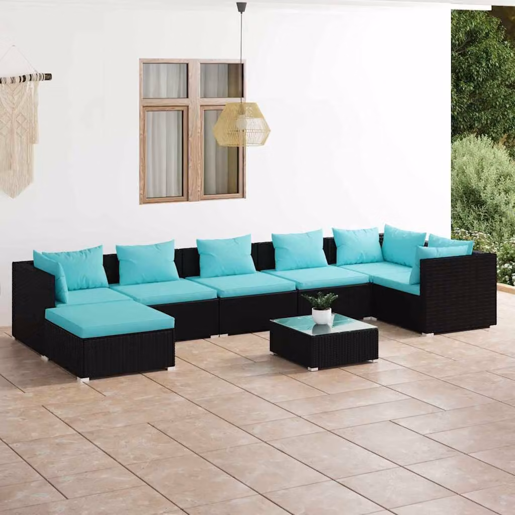 Set Salotto da Giardino vidaXL 8 pz in Polyrattan con Cuscini Blu e Nero