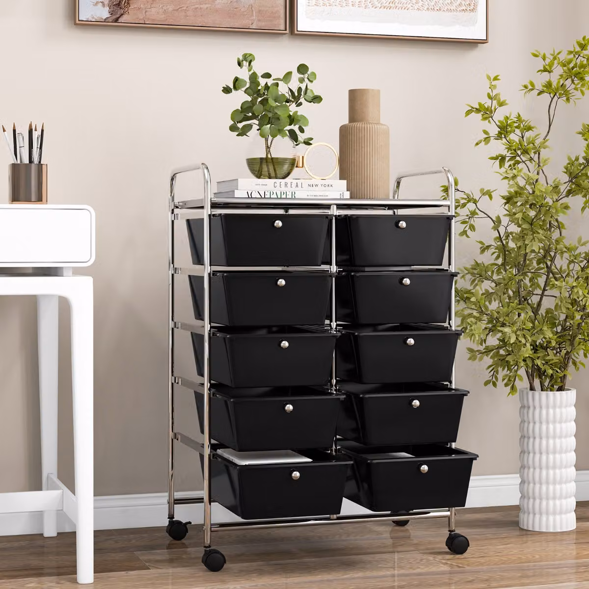 Carrello organizzatore multiuso Costway con 10 cassetti e ruote, ideale per ufficio e scrapbooking, Nero
