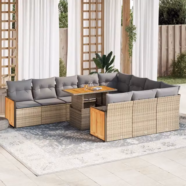 Set di Divani da Giardino vidaXL in Polyrattan con Cuscini Beige e Grigio e Tavolino da Esterno in Legno di Acacia