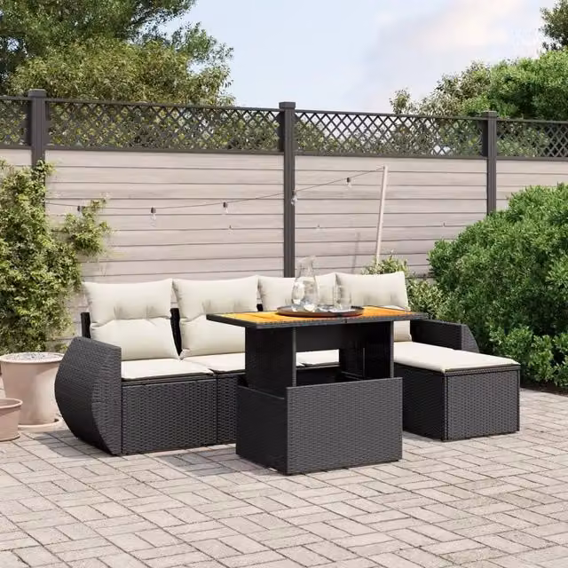 Set da giardino vidaXL composto da 6 pezzi in polyrattan nero con cuscini e tavolino da esterno – 1