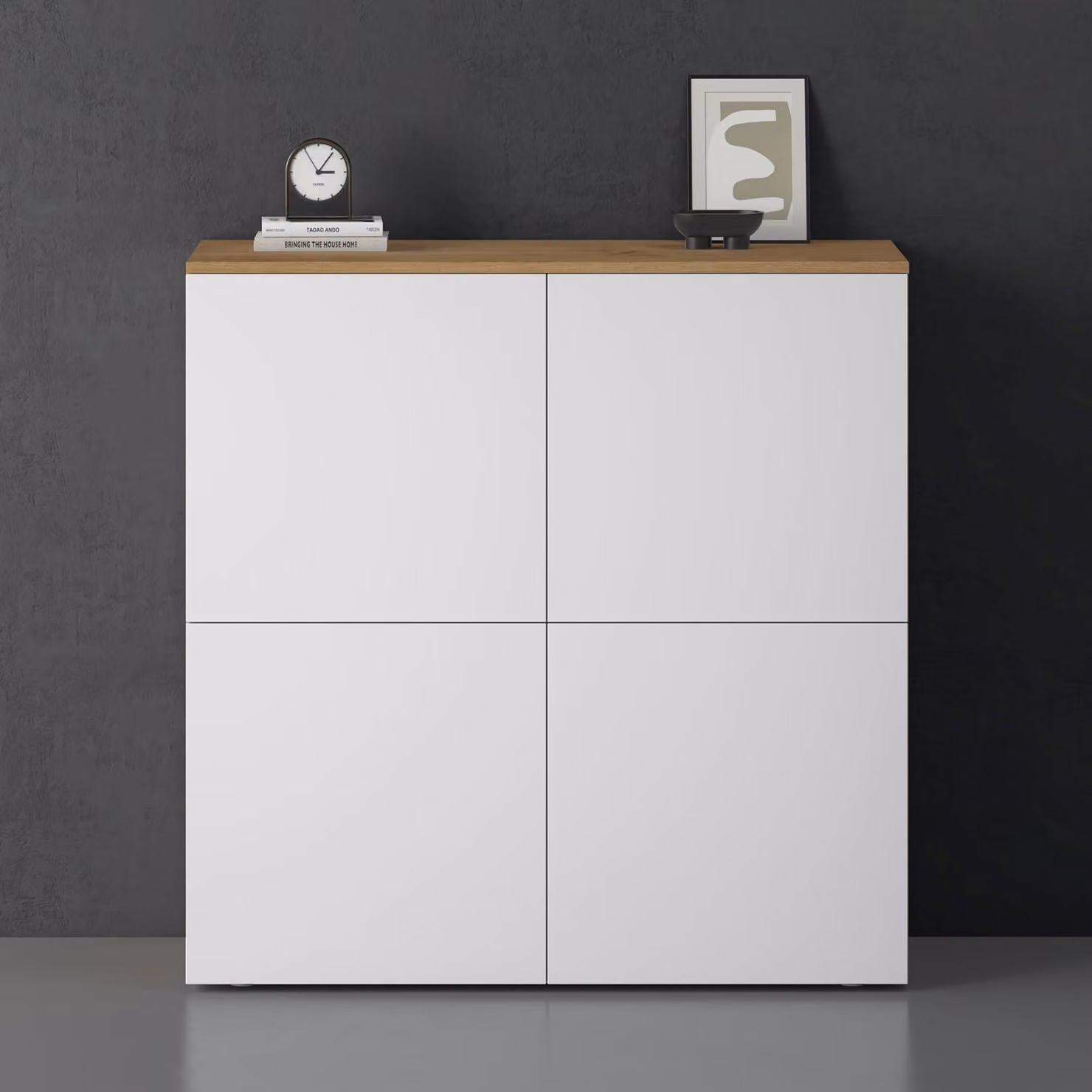 doporro Mobile Organizzatore Credenza Buffet in Legno con 4 Ante Push-to-Open e Soft-Close per Soggiorno, Sala da Pranzo o Ingresso, 100x36,4x100 cm Marrone chiaro e Bianco opaco Schrank04