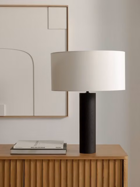 Brumel Kenay Home lampada da tavolo moderna in legno e tessuto nera con paralume cilindrico H: 53,5 cm, L: 40 cm, P: 40 cm