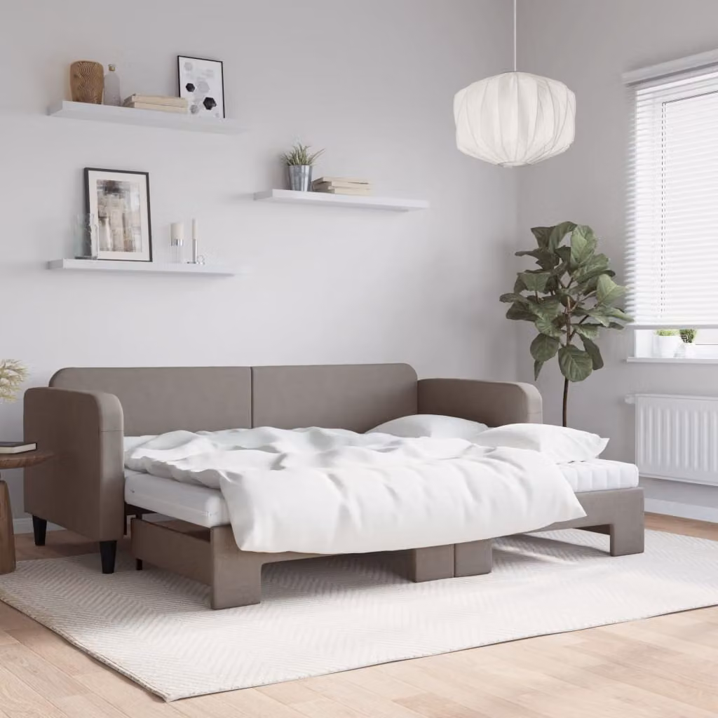 vidaXL Divano Letto Estraibile in Tessuto con Materasso, Colore Tortora, L/P/H: 223 x 80 x 90 cm