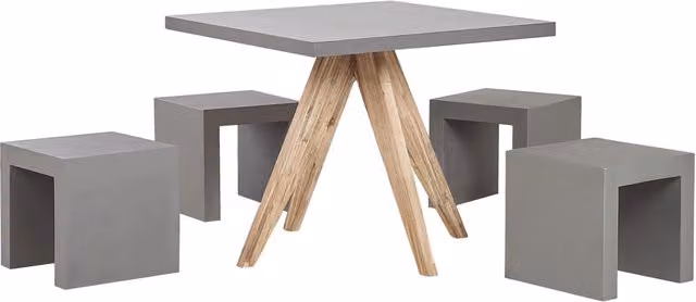 Set da giardino Beliani con tavolo quadrato in legno di acacia e 4 sgabelli in cemento grigio L/P/H: 150 x 90 x 76 cm