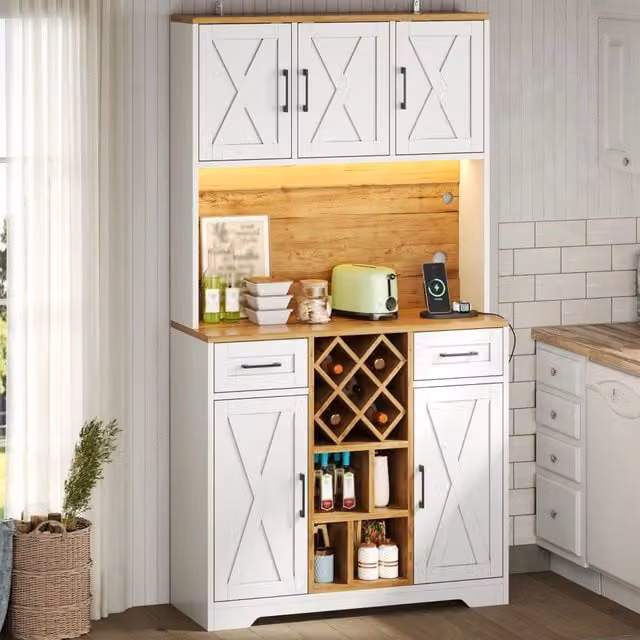 Credenza alta da cucina con LED, 2 cassetti, vani aperti, portabottiglie e prese, per cucina e soggiorno 105 × 40 × 180 cm