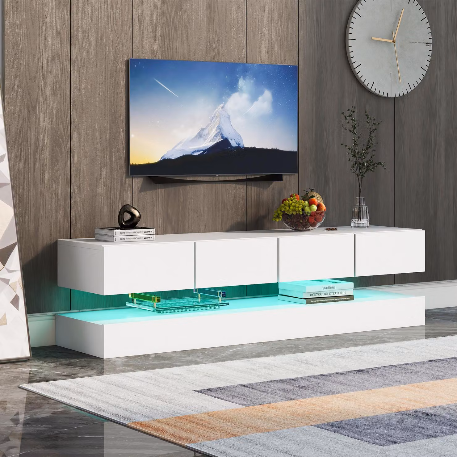 Lowboard moderno per TV LED da appendere alla parete con quattro cassetti e illuminazione integrata, Bianco, L 130 cm x P 33 cm x H 15 cm – 2