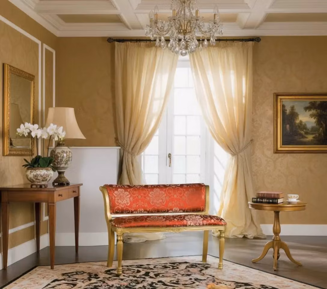 Divanetto imbottito Mobili 2G in legno di faggio intagliato con decorazioni floreali laccato oro e rosso L/P/H: 110 x 60 x 80 cm – 4