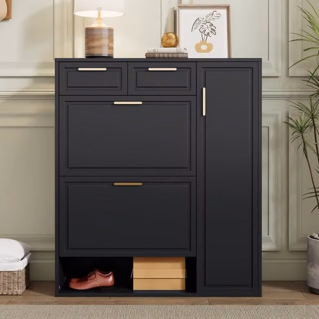 Scarpiera moderna nera con cassetti e vani aperti in MDF e metallo L/P/H: 95 x 24 x 107 cm