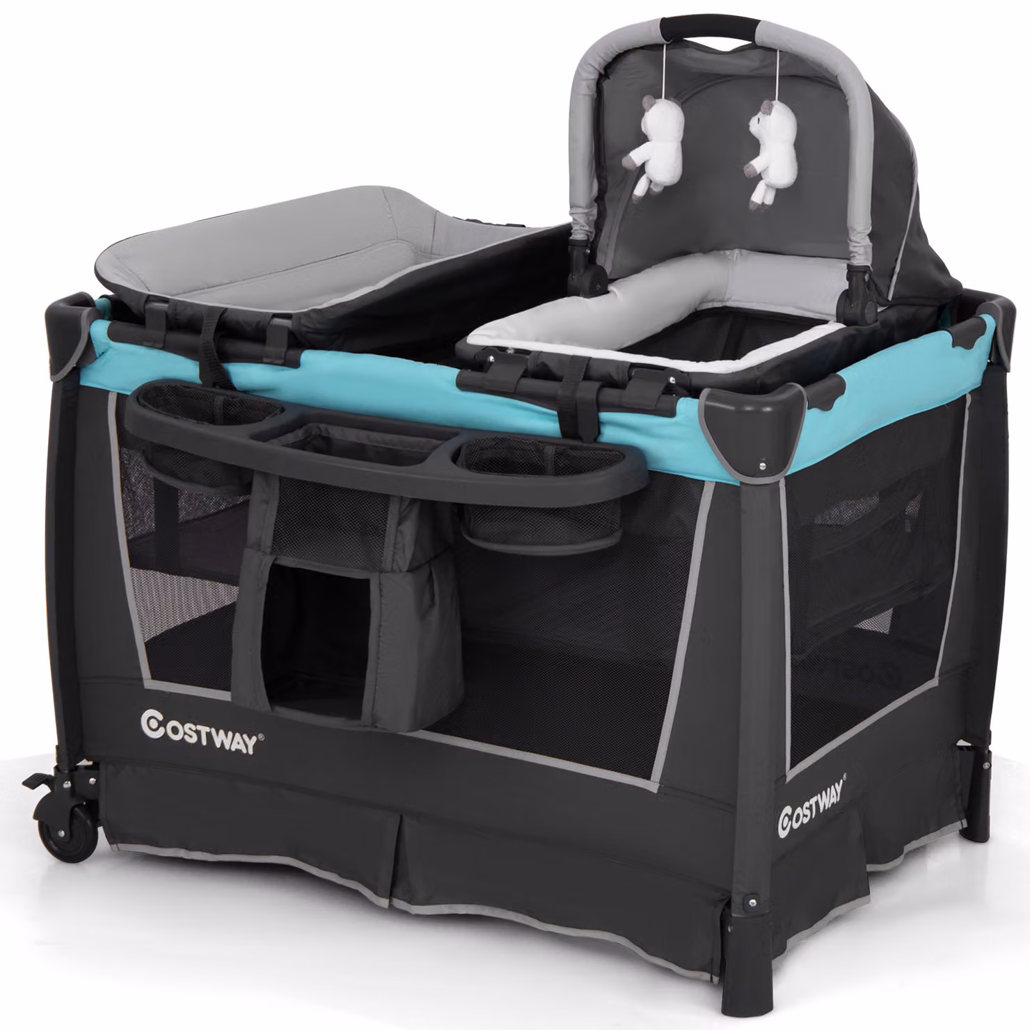 Costway Lettino viaggio 5 in 1 pieghevole con culla removibile, fasciatoio, materasso, box per bambini, ripiano portaoggetti e ruote bloccabili, Verde