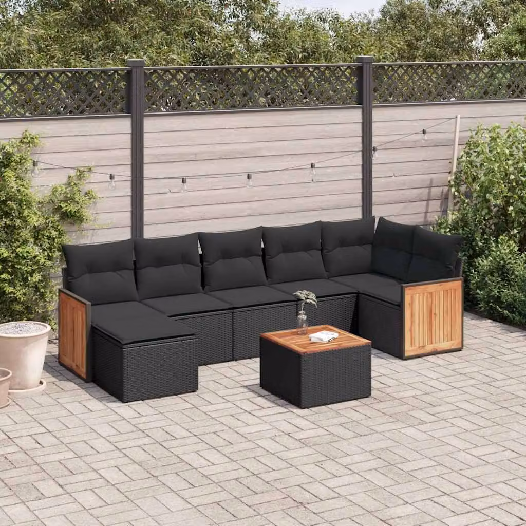 vidaXL Set Divani da Giardino a L con Cuscini 8 pz Nero in Polyrattan e Metallo – 1