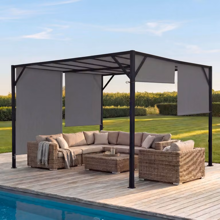 Pergola Beja, gazebo da giardino con copertura per terrazza, robusto telaio in acciaio da 6 cm + tetto scorrevole grigio ~ 4x4 m