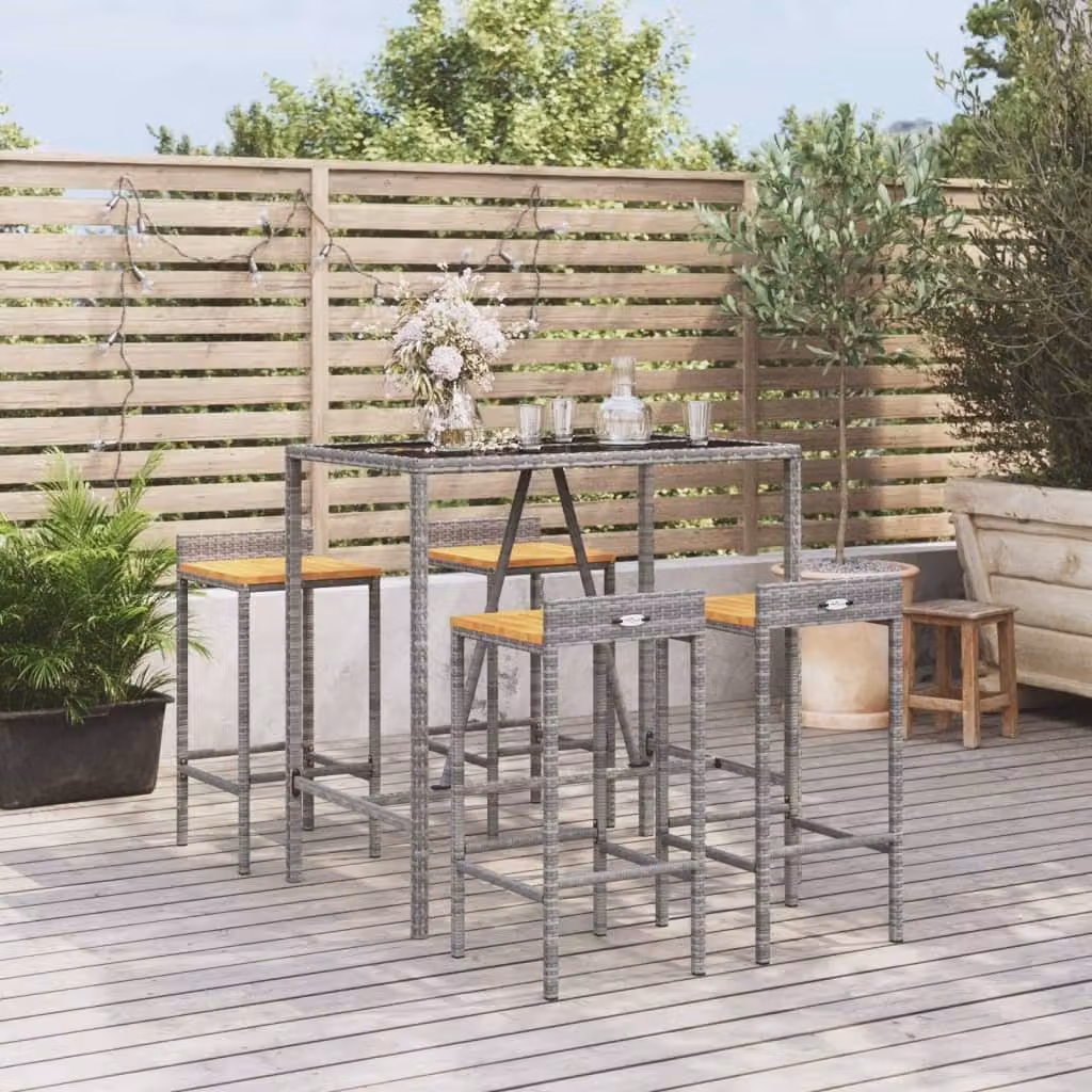 The Living Store Set bar da giardino 5 pz. Set bar da giardino in poly rattan grigio e legno massiccio di acacia