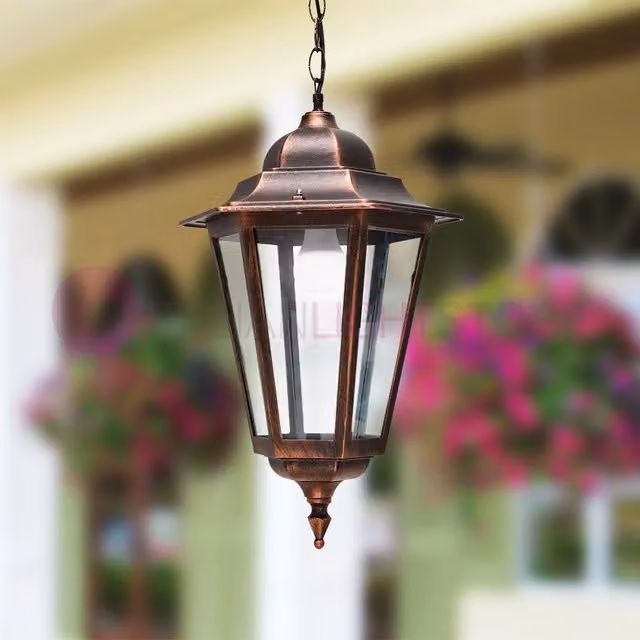 DAFNE GRANDE Lampada a sospensione esagonale classica Iris Luce per esterno giardino, struttura nero-argento e diffusore trasparente