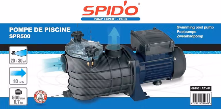 Pompa per piscina da 500 W, con una capacità di 9 m³/h e un filtro di grandi dimensioni, ideale per piscine