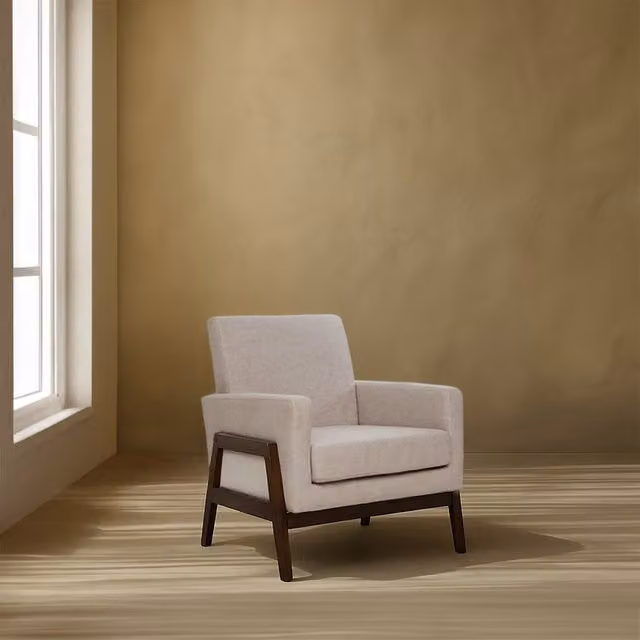 Poltrona lounge Banak beige e marrone con struttura in legno e braccioli