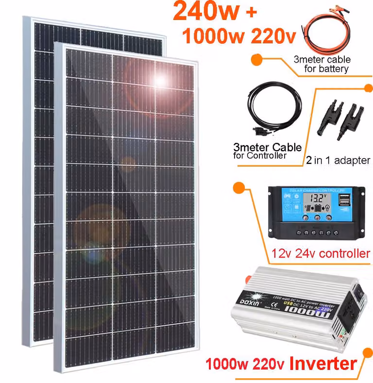 Kit completo di pannello solare da 240W - 2 pannelli monocristallini da 120W ciascuno, con inverter e regolatore di carica - Ideale per camper e imbarcazioni