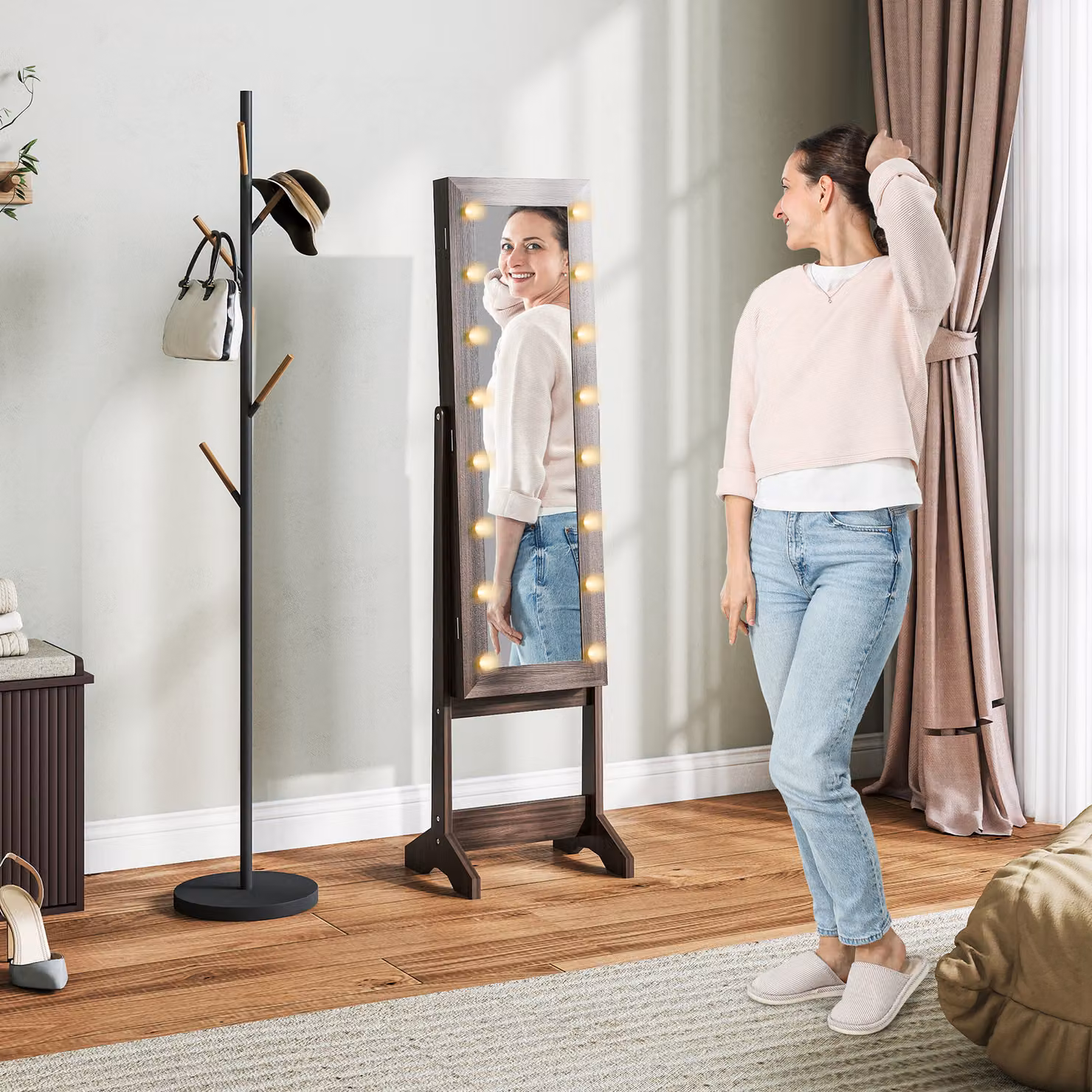 Armadio portagioie HOMCOM con specchio, scomparti e illuminazione LED, marrone scuro – 2