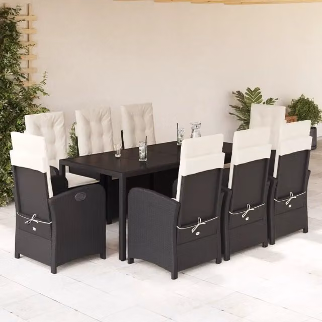 Set da pranzo da giardino vidaXL in polyrattan nero e bianco con 9 pezzi e piano in vetro – 1