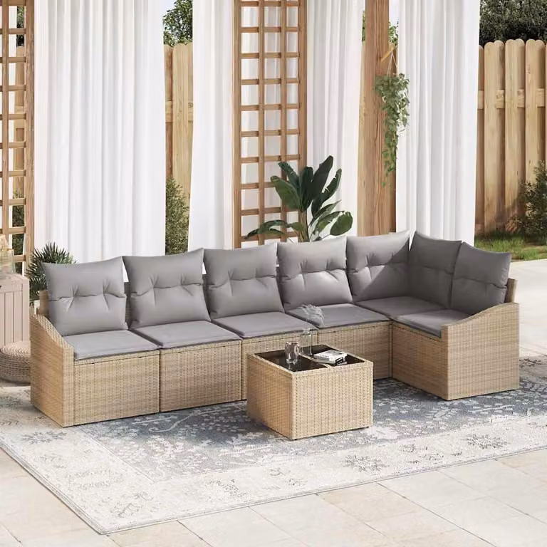 Maison Exclusive - Set da giardino composto da 7 pezzi. Divano e poltrone in rattan sintetico, color beige e grigio chiaro