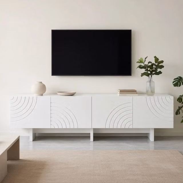 Cassettiera TV KOMHTOM bianca in MDF e truciolare con design minimalista e finitura opaca, L: 170 cm, P: 35 cm, H: 50 cm