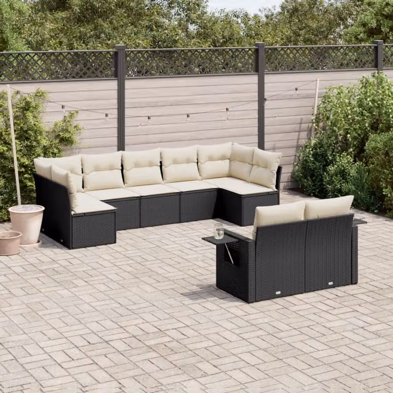 vidaXL Set Divani da Giardino a L 9 pz con Cuscini, Polyrattan e Acciaio, Nero e Bianco