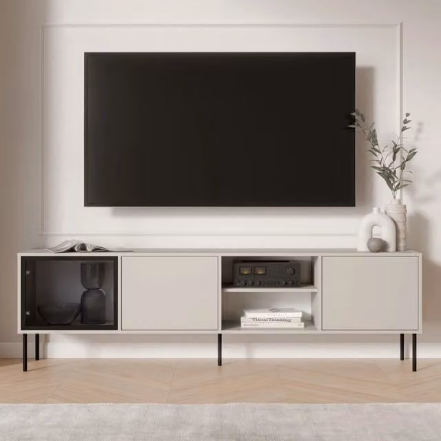 Mobile porta TV Fiuggi DMORA in legno e vetro, Beige, L: 200 cm, P: 40 cm, H: 60 cm