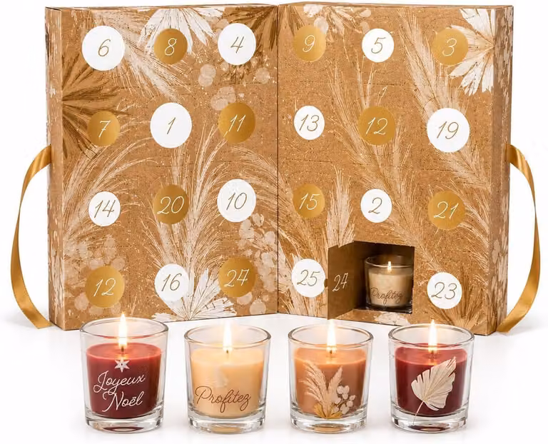 Calendario dell'Avvento con 24 candele profumate uniche, dimensioni 34 x 25 x 14 cm, per creare un'atmosfera festosa