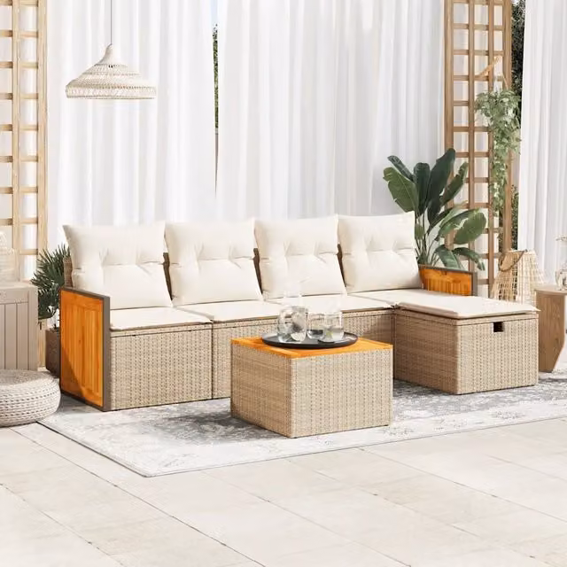 Set Divano da Giardino a L vidaXL in Polyrattan con Cuscini Beige e Tavolino, 6 Pezzi