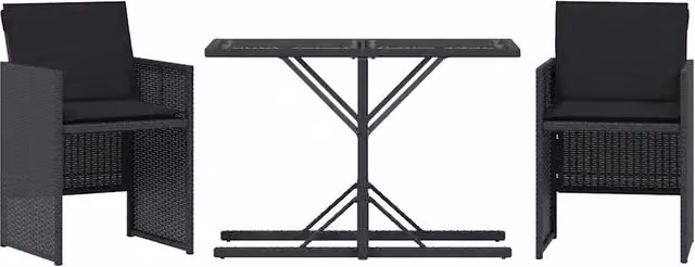 Set da Bistrò 3 Pezzi Moderno in Polyrattan Nero con Piano in Vetro per Giardino e Balcone