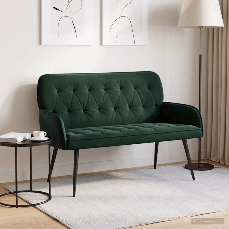 Divano a 2 posti vidaXL in velluto verde scuro con gambe in metallo e legno, stile moderno e lineare per soggiorno o ufficio