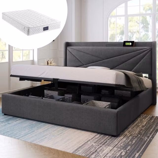 Letto Contenitore REDOM Grigio con Porta USB Type-C e Base Lift-up L/P/H: 140 x 200 x 146 cm