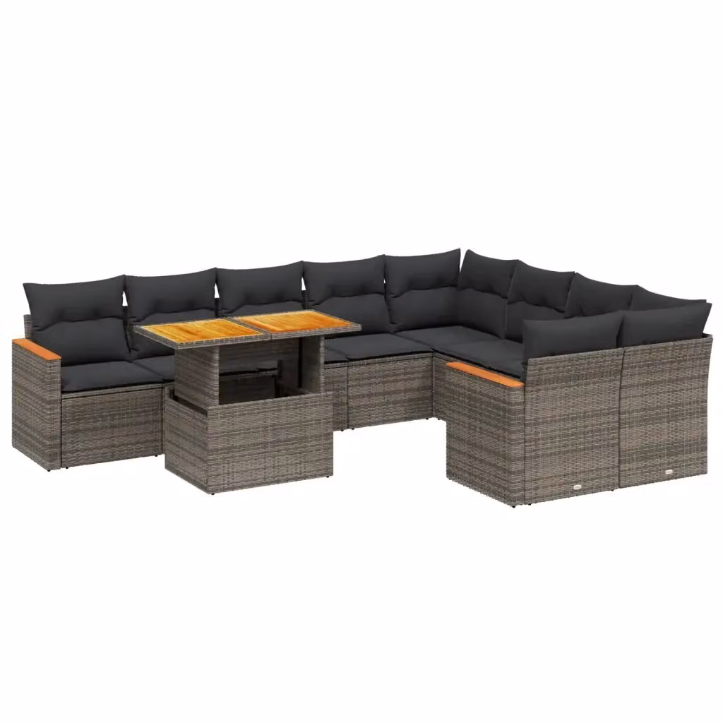 vidaXL Set Divano da Giardino 10 pz in Polyrattan Grigio con Cuscini Imbottiti e Tavolino – 2