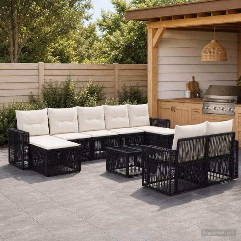 Set Divano da Giardino vidaXL 10 Pezzi a Forma di U in Polyrattan con Cuscini, Colore Nero e Bianco Crema
