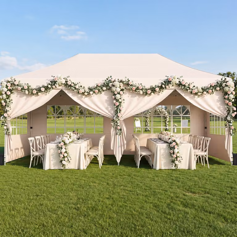 Gazebo da giardino esterno Costway pieghevole con 6 pareti rimovibili e altezza regolabile, Beige