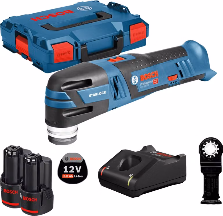 Multitaglio a batteria Bosch GOP 12V-28 / 2x batteria 3,0 Ah + caricabatterie in L-Boxx