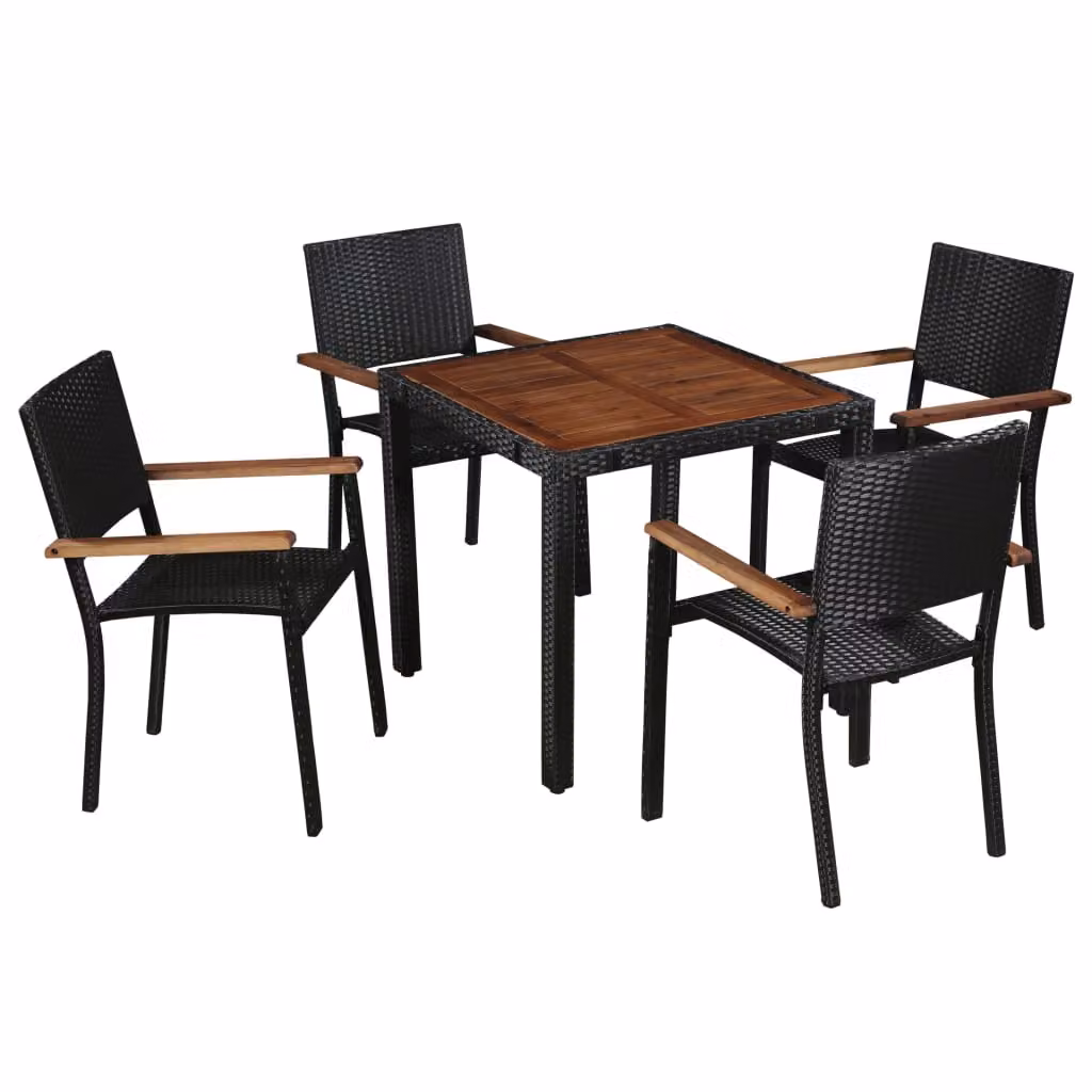 set da pranzo da giardino 5 pezzi in poly rattan acacia legno massiccio nero