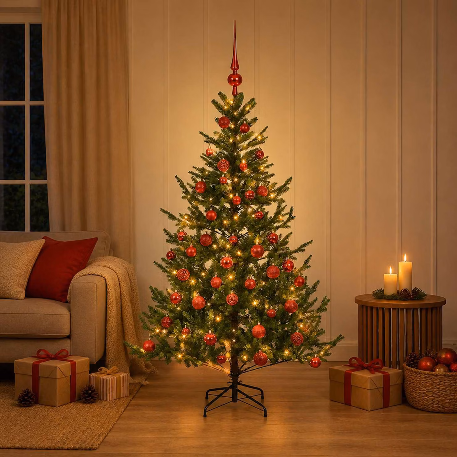 Albero di Natale artificiale con decorazioni natalizie, altezza 150 cm, 150 luci LED