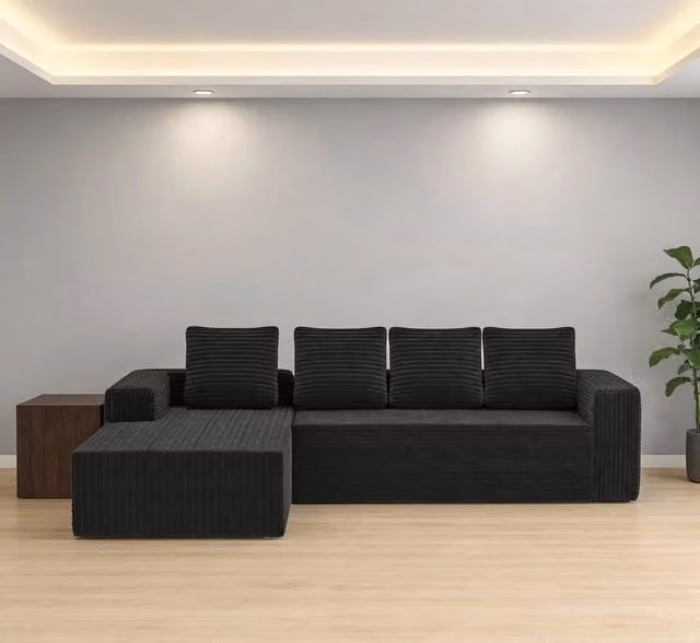 Divano angolare con chaise longue ¨C Minimal ¨C nero velluto imbottito senza montaggio