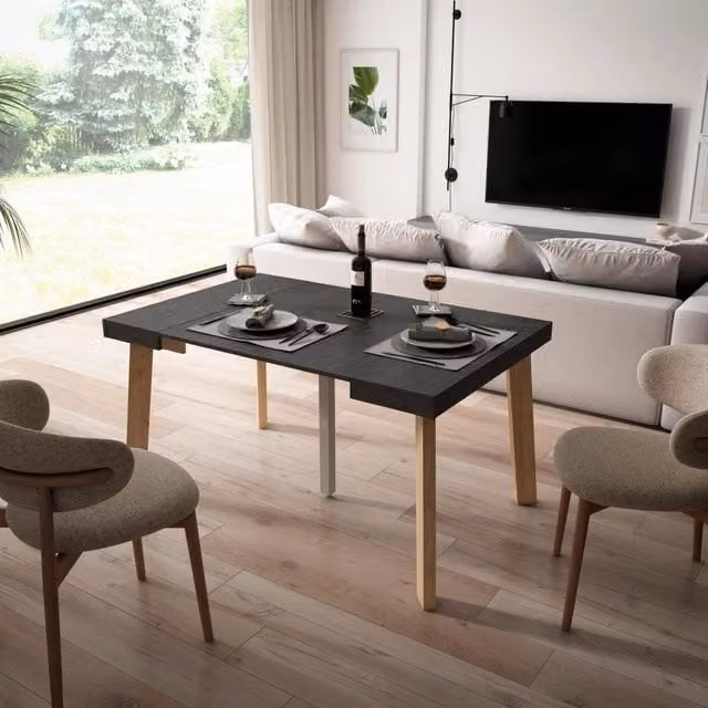 Consolle allungabile, 140x90x73cm, Per 6 persone, Gambe in legno, Nero RF3139