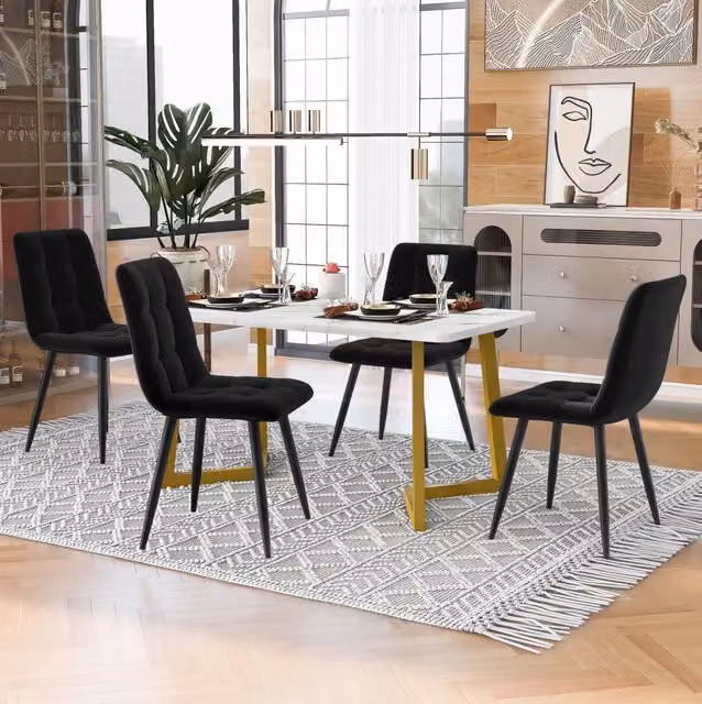 Set tavolo da pranzo rettangolare con 4 sedie nero e oro