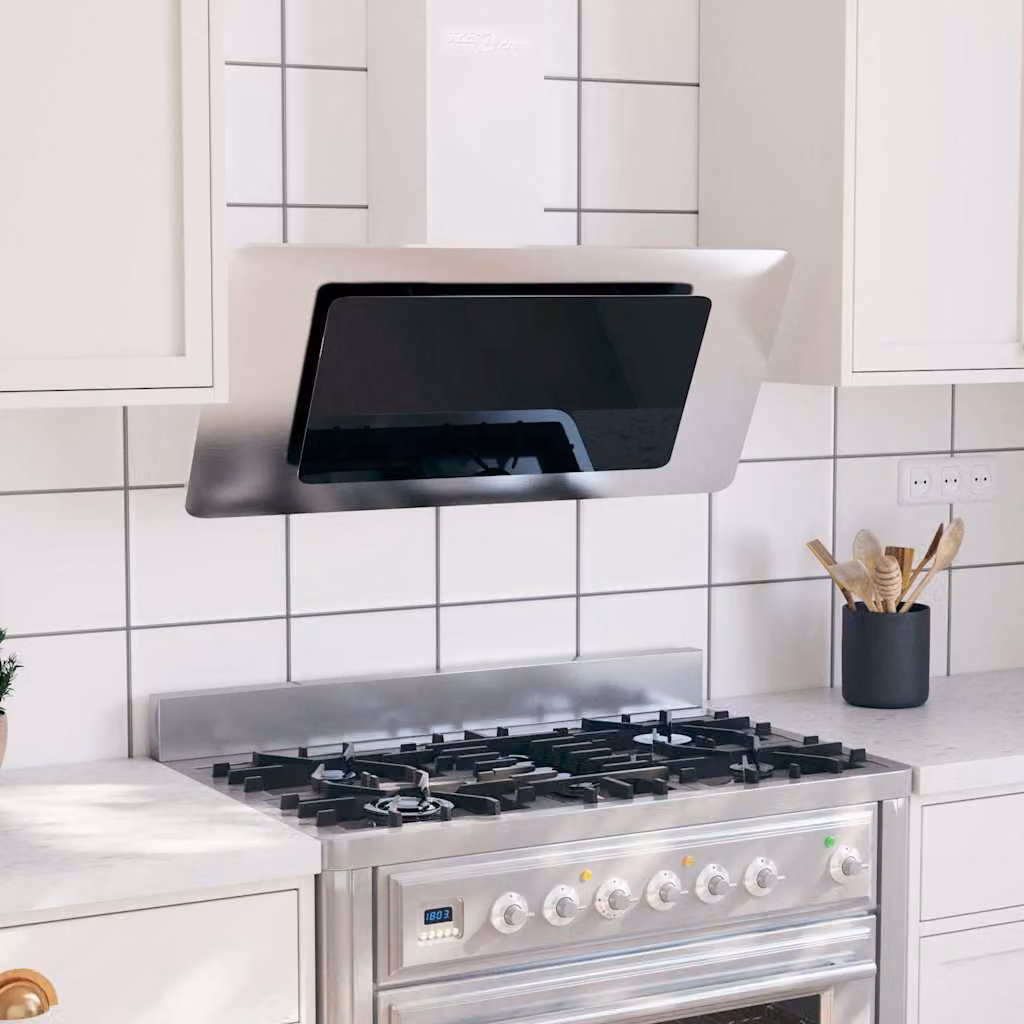 vidaXL Cappa da parete in acciaio inox e vetro temperato Argento L: 90 cm, H: 108 cm, P: 60 cm – 1