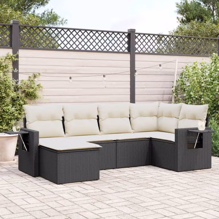 Set Divano da Giardino vidaXL 6 pz in Polyrattan Nero con Cuscini e Tavolino