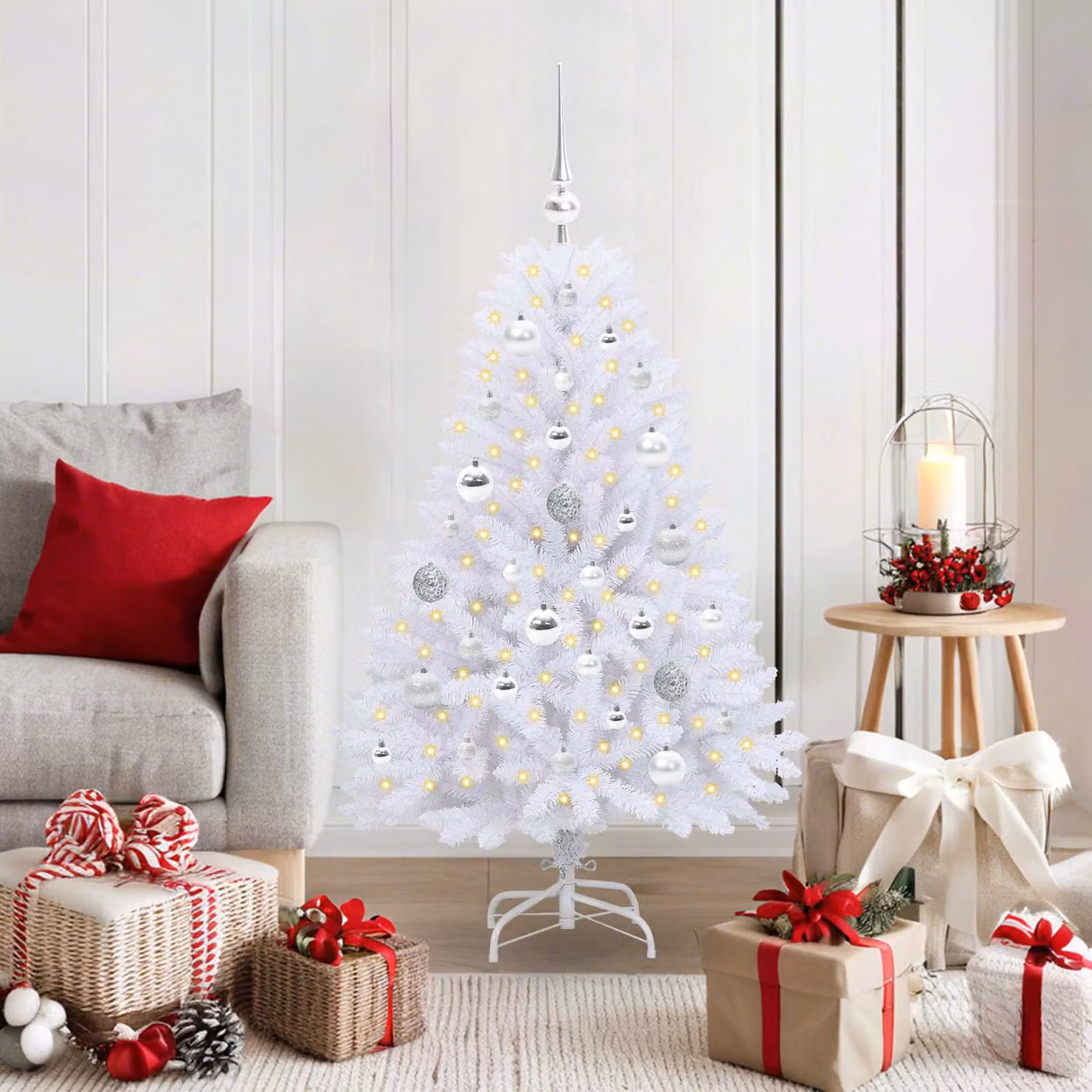 Albero di Natale Artificiale Moderno vidaXL con LED e Rami Pieghevoli in PVC e Metallo, Bianco, Altezza: 120 cm
