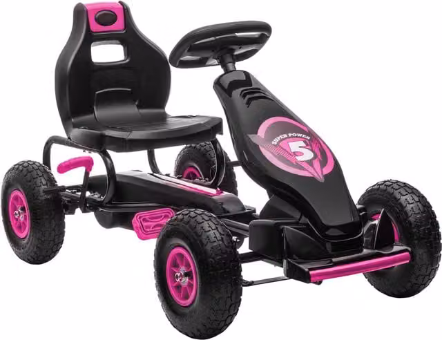 Go Kart a Pedali HOMCOM per Bambini 5-12 Anni con Sedile Regolabile e Freni, Rosa e Nero, L 121 x P 58 x H 61 cm
