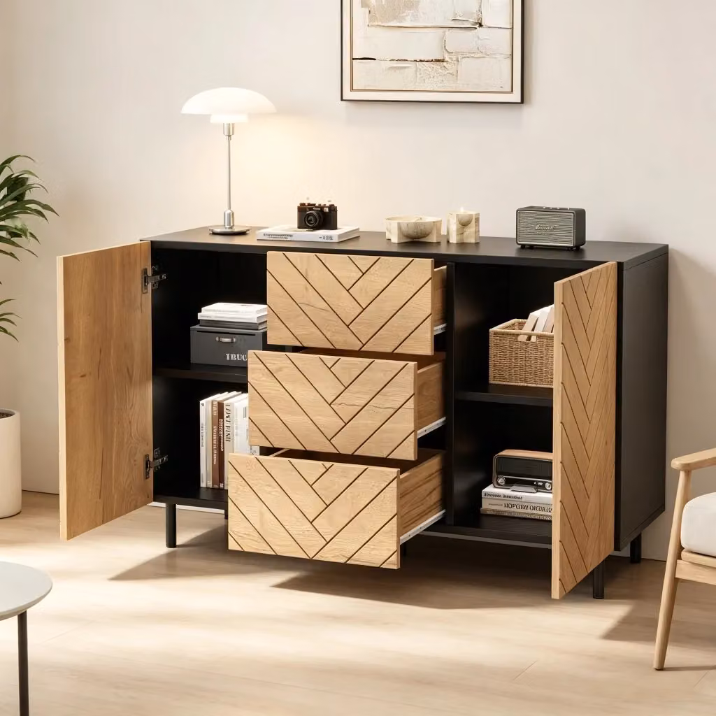 Credenza moderna SINGULARTY in MDF con cassetti soft close, finitura opaca, color legno naturale e nero, L/P/H: 120 x 40 x 76 cm – 2